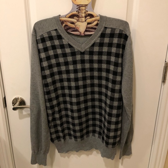 Mark Ecko Cut & Sew Gray and Black Check Sweater - Picture 1 of 3